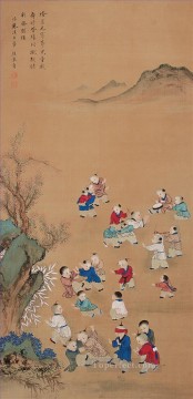 中国 Painting - 子供たちに伝統的な中国語を演奏するション・ビンジェン